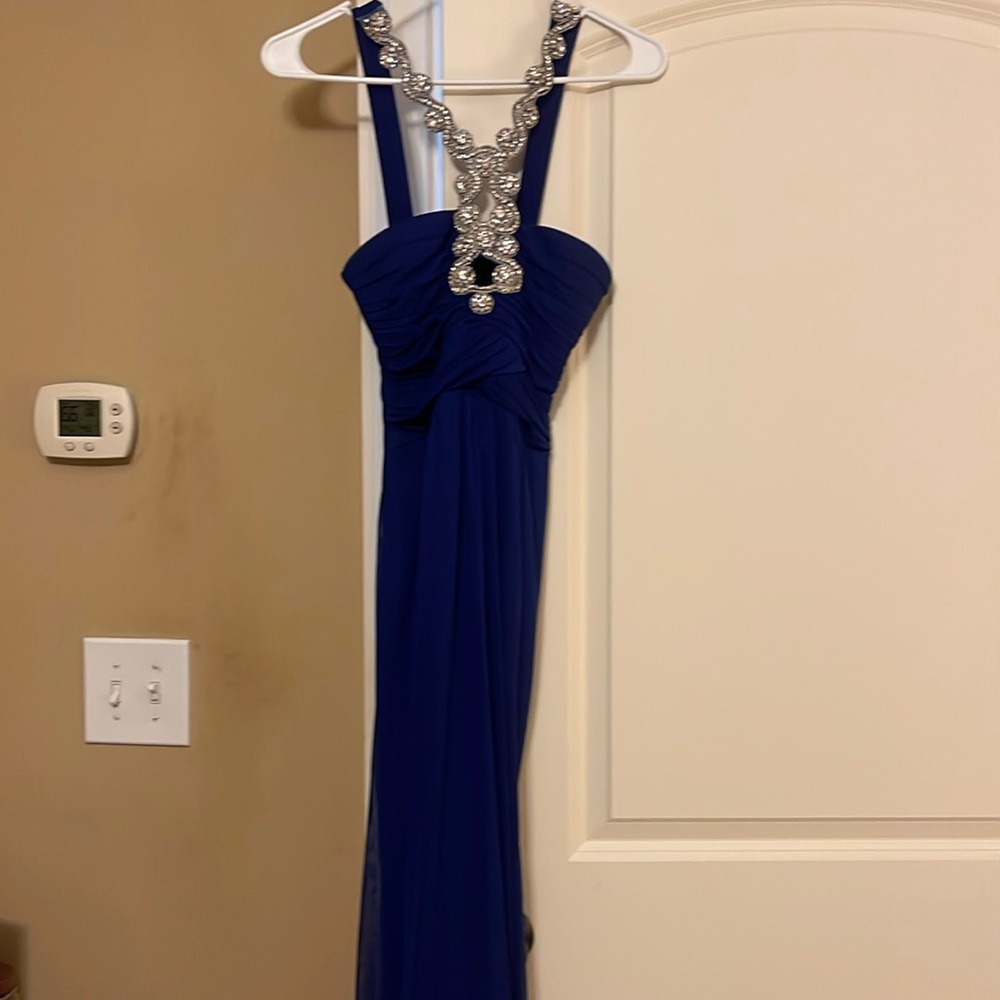 Silky blue gown with jewel straps